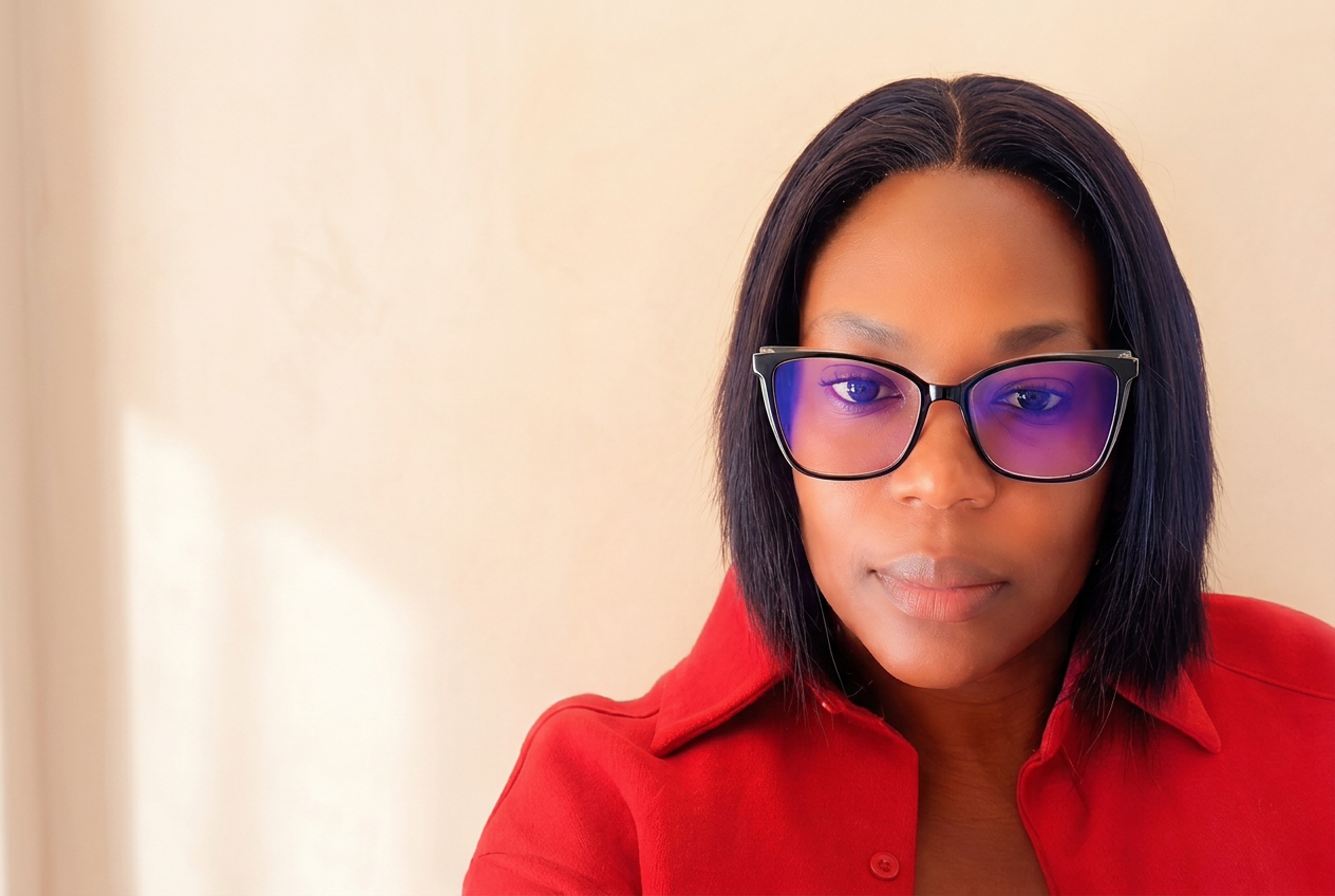 Clair Mutyambizi wearing glasses and a red blouse
