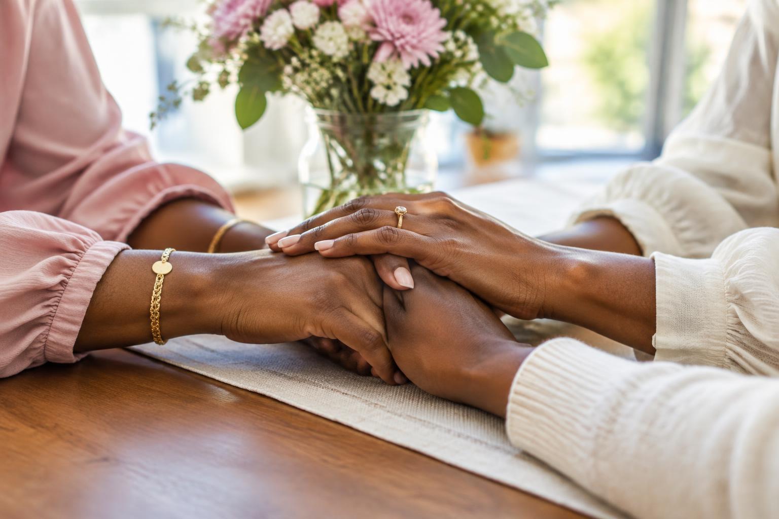 Women’s hands joined in a gesture of care and mutual support